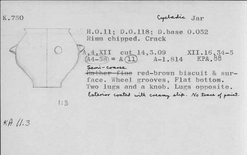 Index card with typed and handwritten information, sometimes including a sketch, of pottery from an excavation.
