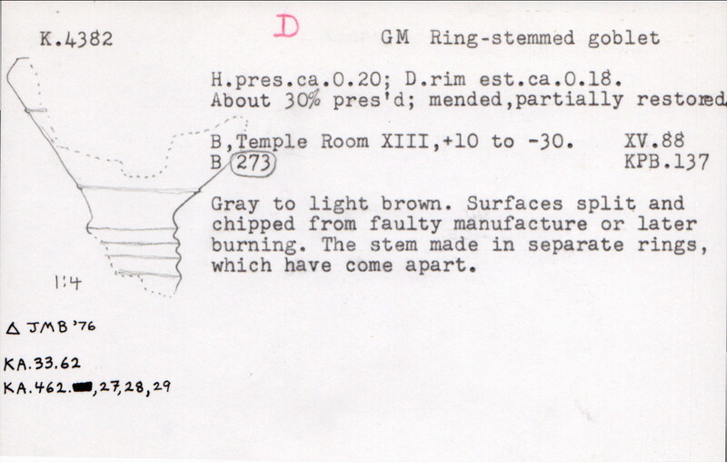 Index card with typed and handwritten information, sometimes including a sketch, of pottery from an excavation.