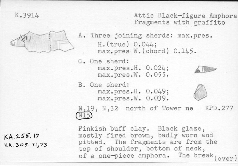 Index card with typed and handwritten information, sometimes including a sketch, of pottery from an excavation.