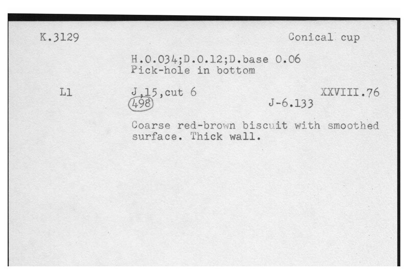 Index card with typed and handwritten information, sometimes including a sketch, of pottery from an excavation.