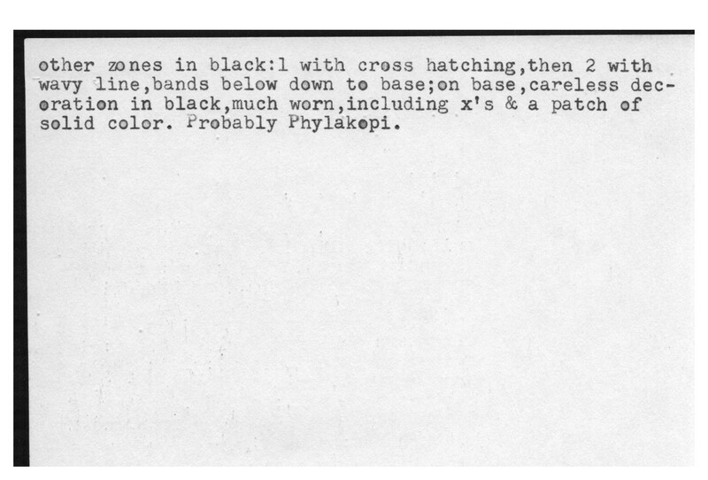 Index card with typed and handwritten information, sometimes including a sketch, of pottery from an excavation.