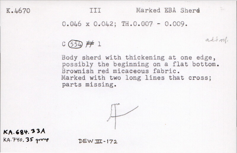 Index card with typed and handwritten information, sometimes including a sketch, of pottery from an excavation.