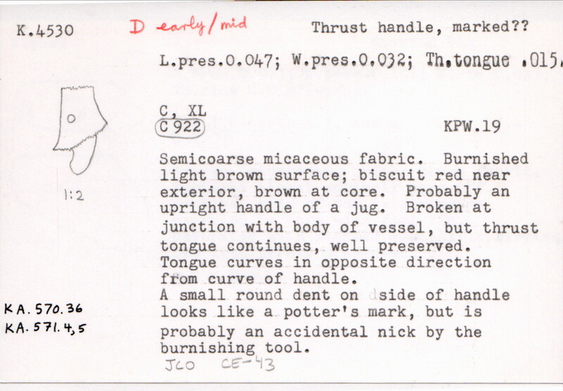 Index card with typed and handwritten information, sometimes including a sketch, of pottery from an excavation.