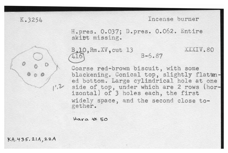 Index card with typed and handwritten information, sometimes including a sketch, of pottery from an excavation.