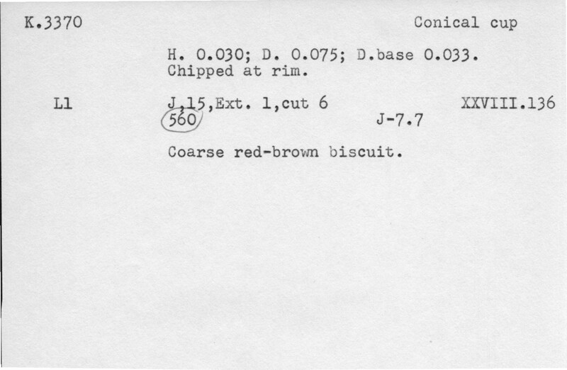 Index card with typed and handwritten information, sometimes including a sketch, of pottery from an excavation.