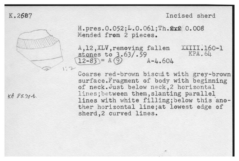 Index card with typed and handwritten information, sometimes including a sketch, of pottery from an excavation.