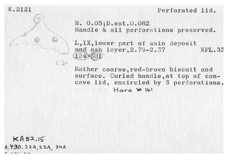 Index card with typed and handwritten information, sometimes including a sketch, of pottery from an excavation.