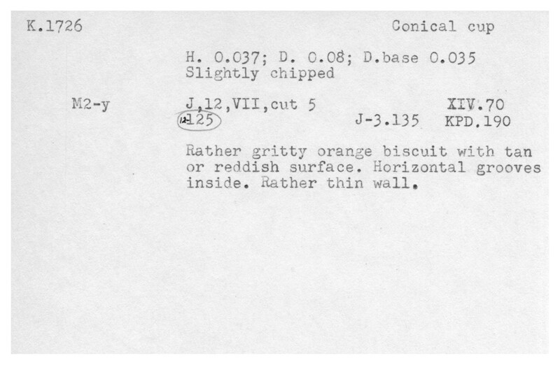Index card with typed and handwritten information, sometimes including a sketch, of pottery from an excavation.