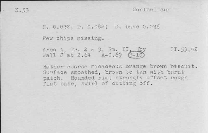 Index card with typed and handwritten information, sometimes including a sketch, of pottery from an excavation.