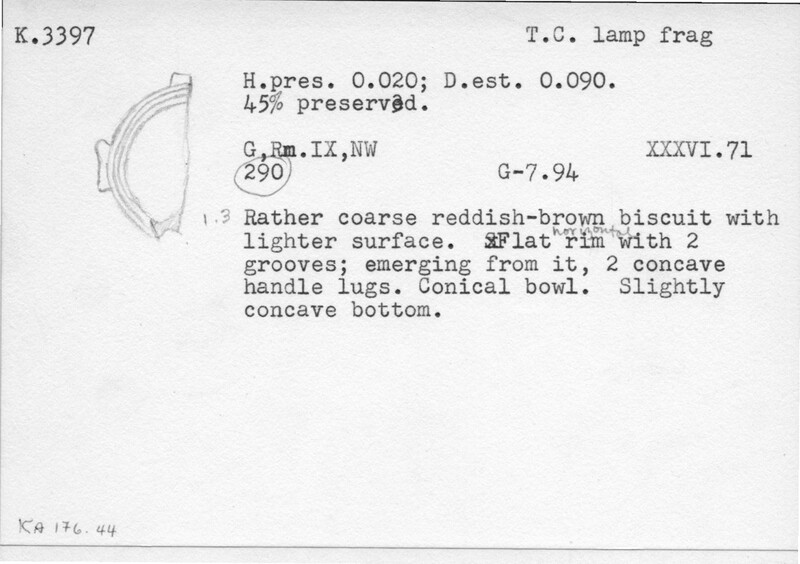 Index card with typed and handwritten information, sometimes including a sketch, of pottery from an excavation.