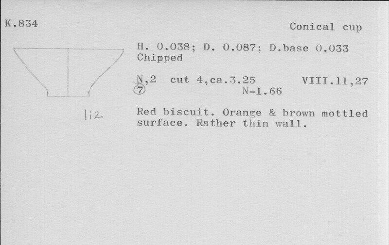 Index card with typed and handwritten information, sometimes including a sketch, of pottery from an excavation.