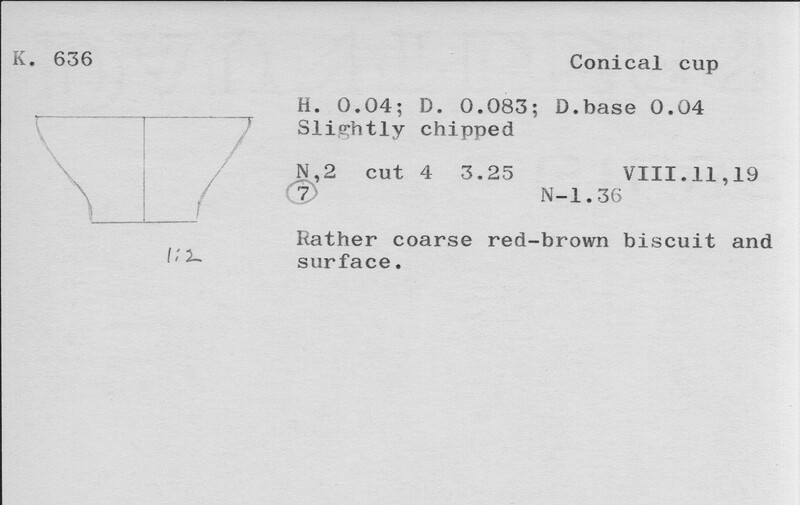 Index card with typed and handwritten information, sometimes including a sketch, of pottery from an excavation.