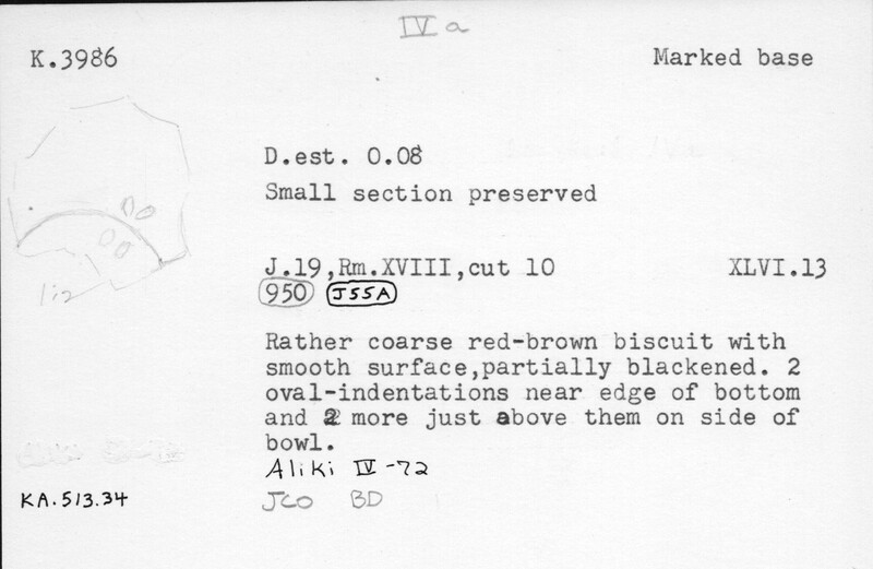 Index card with typed and handwritten information, sometimes including a sketch, of pottery from an excavation.
