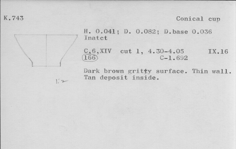 Index card with typed and handwritten information, sometimes including a sketch, of pottery from an excavation.