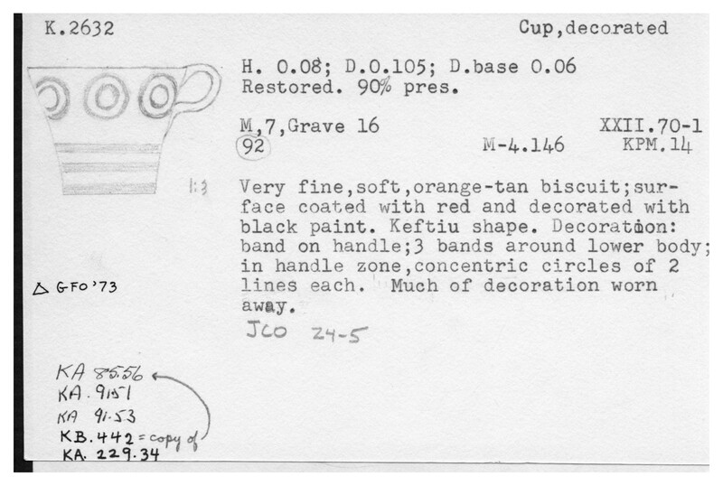 Index card with typed and handwritten information, sometimes including a sketch, of pottery from an excavation.