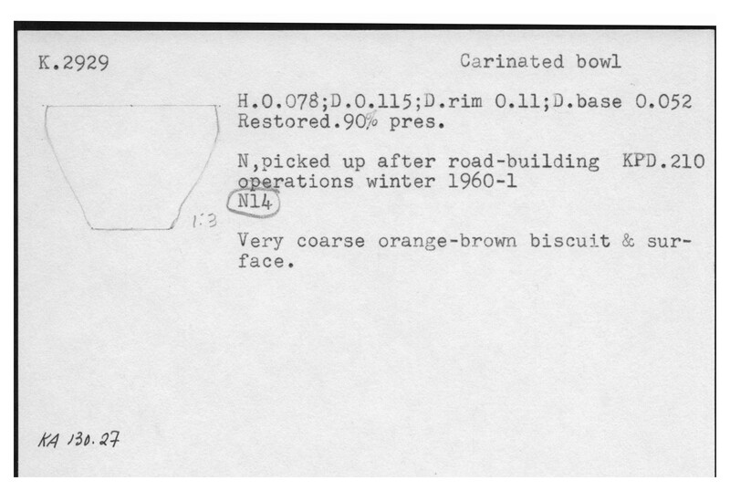 Index card with typed and handwritten information, sometimes including a sketch, of pottery from an excavation.