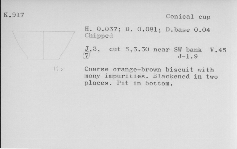 Index card with typed and handwritten information, sometimes including a sketch, of pottery from an excavation.