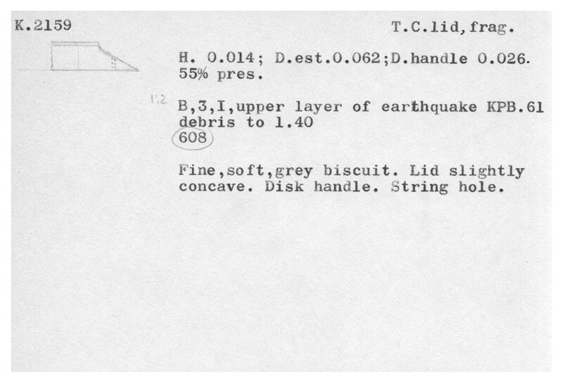 Index card with typed and handwritten information, sometimes including a sketch, of pottery from an excavation.