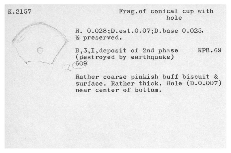 Index card with typed and handwritten information, sometimes including a sketch, of pottery from an excavation.
