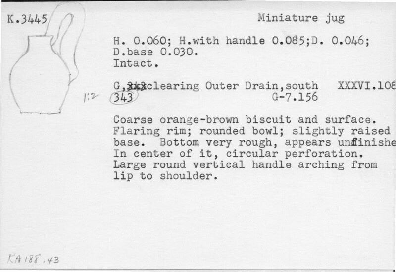 Index card with typed and handwritten information, sometimes including a sketch, of pottery from an excavation.