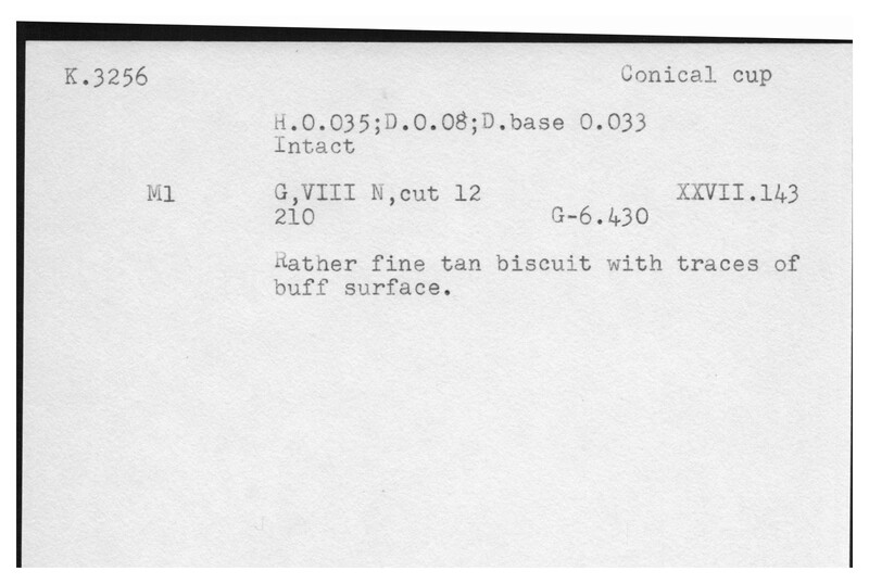 Index card with typed and handwritten information, sometimes including a sketch, of pottery from an excavation.