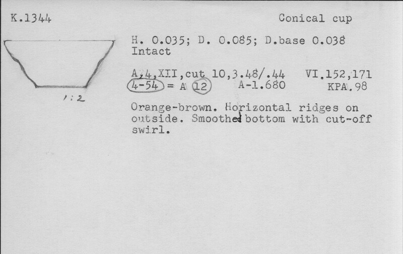 Index card with typed and handwritten information, sometimes including a sketch, of pottery from an excavation.