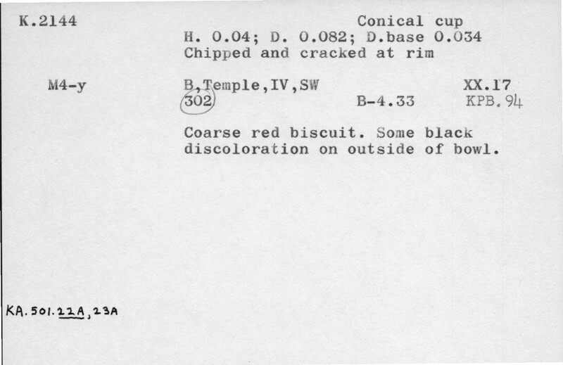 Index card with typed and handwritten information, sometimes including a sketch, of pottery from an excavation.