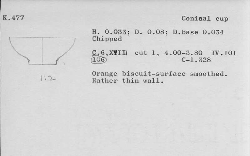 Index card with typed and handwritten information, sometimes including a sketch, of pottery from an excavation.