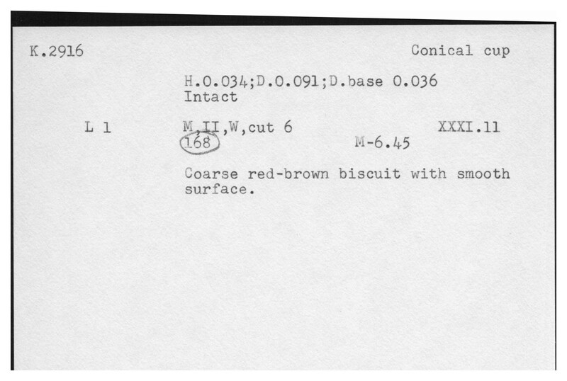 Index card with typed and handwritten information, sometimes including a sketch, of pottery from an excavation.