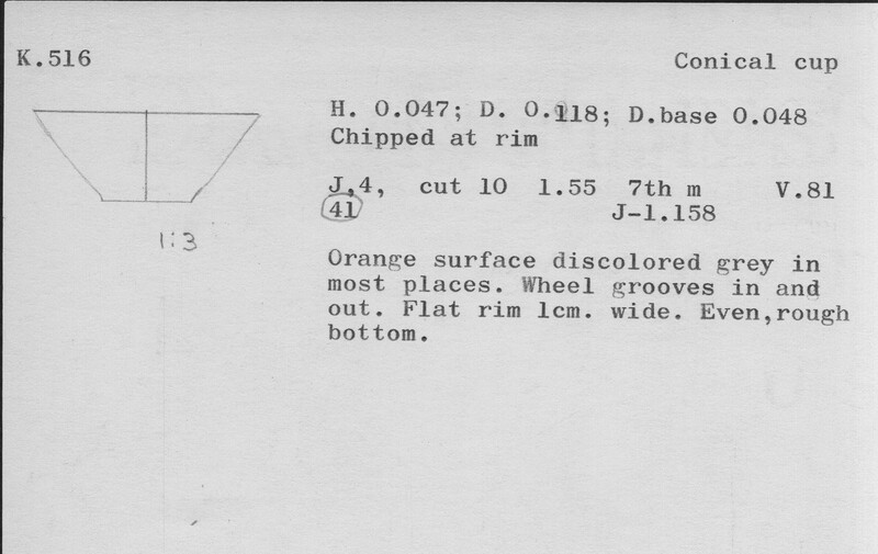 Index card with typed and handwritten information, sometimes including a sketch, of pottery from an excavation.