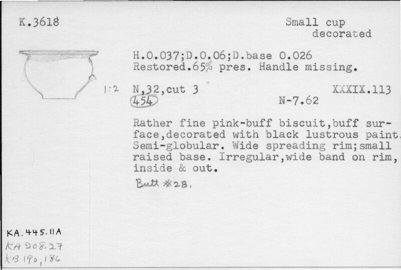 Index card with typed and handwritten information, sometimes including a sketch, of pottery from an excavation.