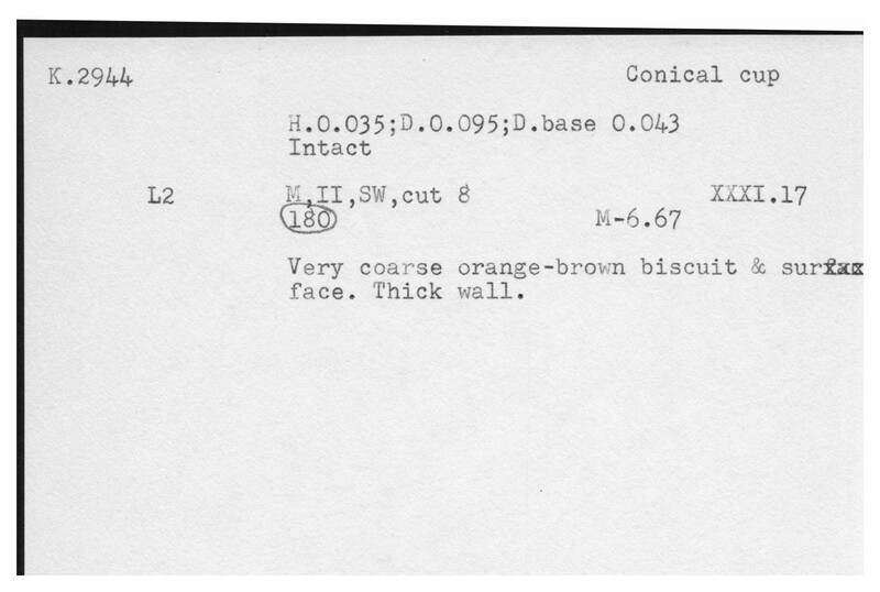 Index card with typed and handwritten information, sometimes including a sketch, of pottery from an excavation.