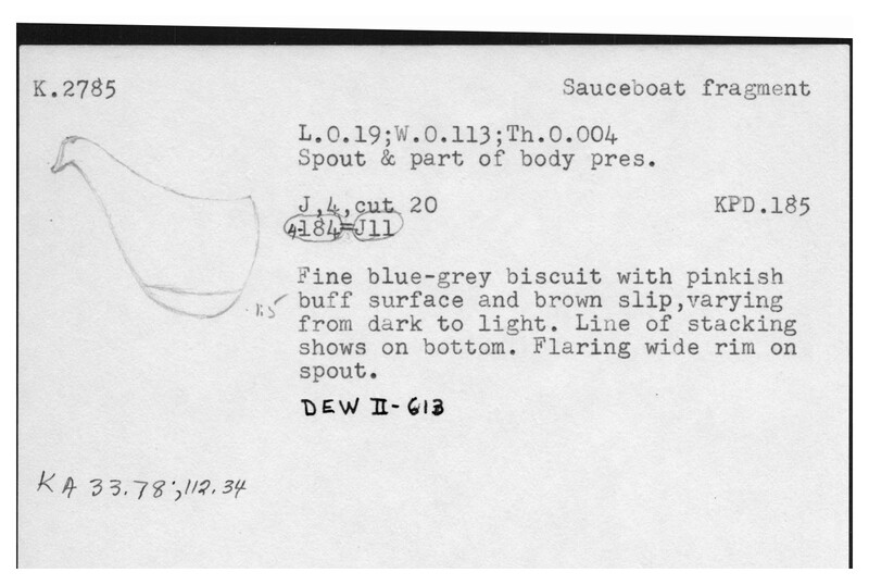 Index card with typed and handwritten information, sometimes including a sketch, of pottery from an excavation.