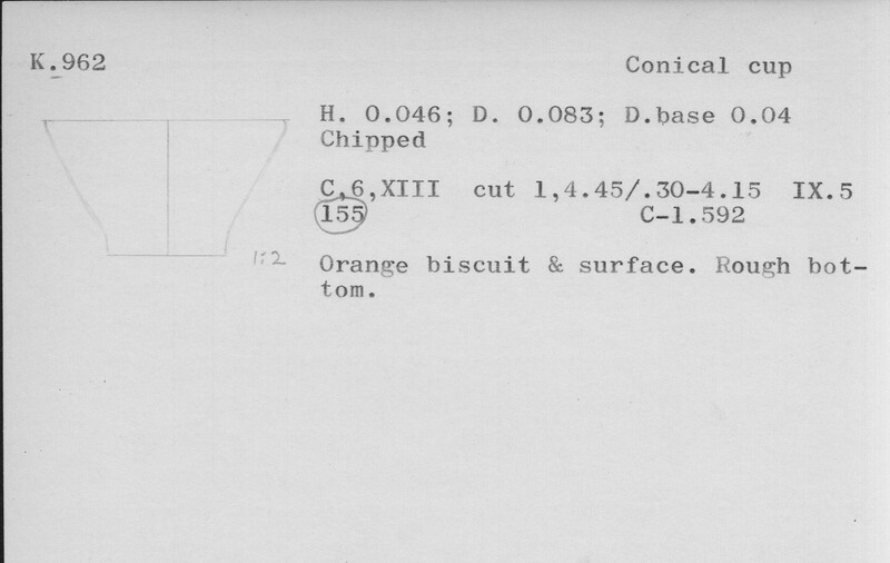Index card with typed and handwritten information, sometimes including a sketch, of pottery from an excavation.