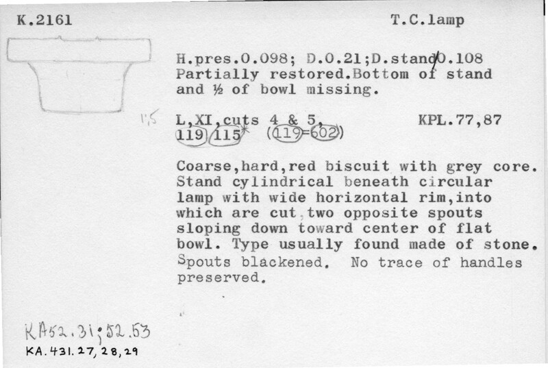 Index card with typed and handwritten information, sometimes including a sketch, of pottery from an excavation.