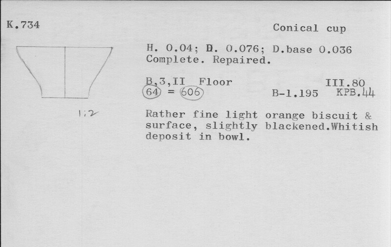 Index card with typed and handwritten information, sometimes including a sketch, of pottery from an excavation.