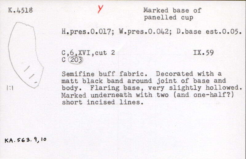 Index card with typed and handwritten information, sometimes including a sketch, of pottery from an excavation.