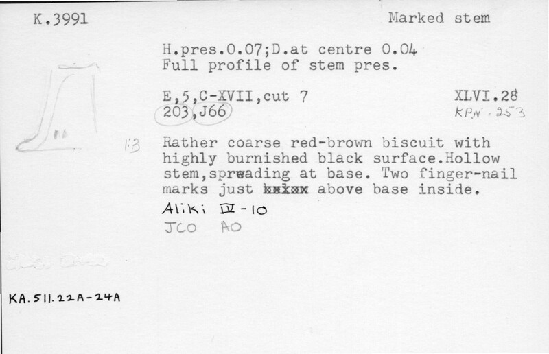 Index card with typed and handwritten information, sometimes including a sketch, of pottery from an excavation.