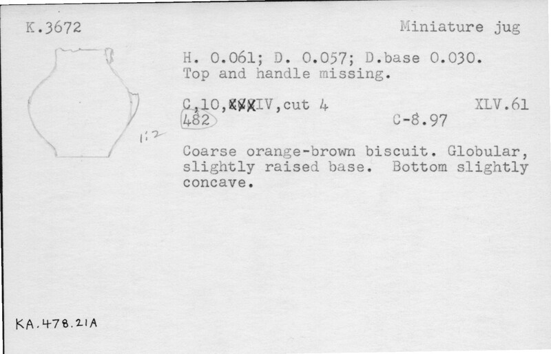 Index card with typed and handwritten information, sometimes including a sketch, of pottery from an excavation.