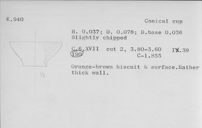 Index card with typed and handwritten information, sometimes including a sketch, of pottery from an excavation.