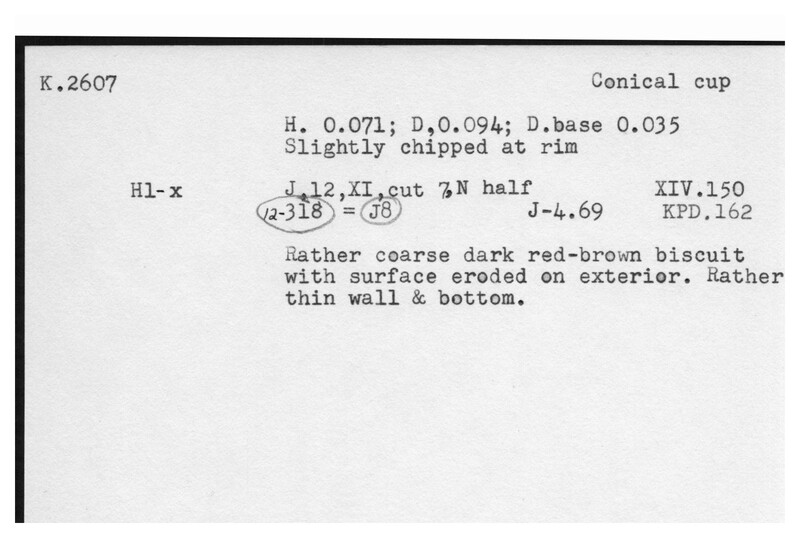 Index card with typed and handwritten information, sometimes including a sketch, of pottery from an excavation.