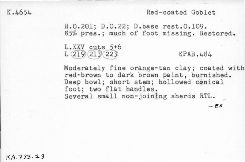 Index card with typed and handwritten information, sometimes including a sketch, of pottery from an excavation.