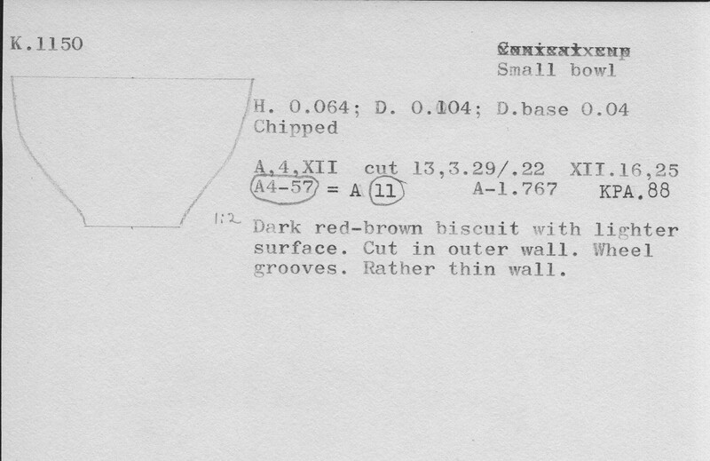 Index card with typed and handwritten information, sometimes including a sketch, of pottery from an excavation.