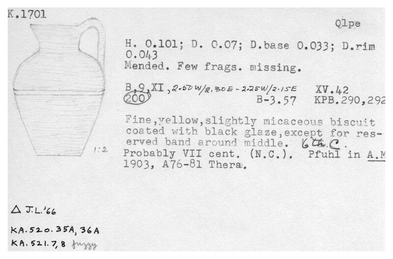 Index card with typed and handwritten information, sometimes including a sketch, of pottery from an excavation.