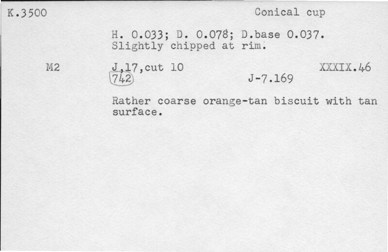 Index card with typed and handwritten information, sometimes including a sketch, of pottery from an excavation.