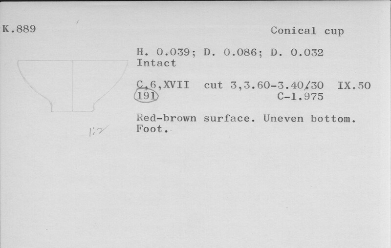 Index card with typed and handwritten information, sometimes including a sketch, of pottery from an excavation.