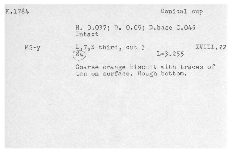 Index card with typed and handwritten information, sometimes including a sketch, of pottery from an excavation.