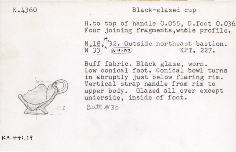 Index card with typed and handwritten information, sometimes including a sketch, of pottery from an excavation.