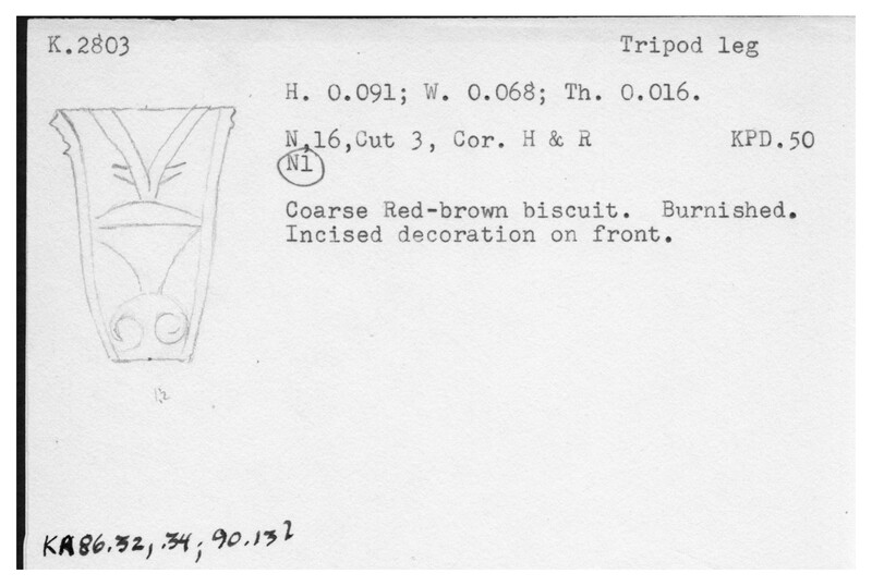 Index card with typed and handwritten information, sometimes including a sketch, of pottery from an excavation.