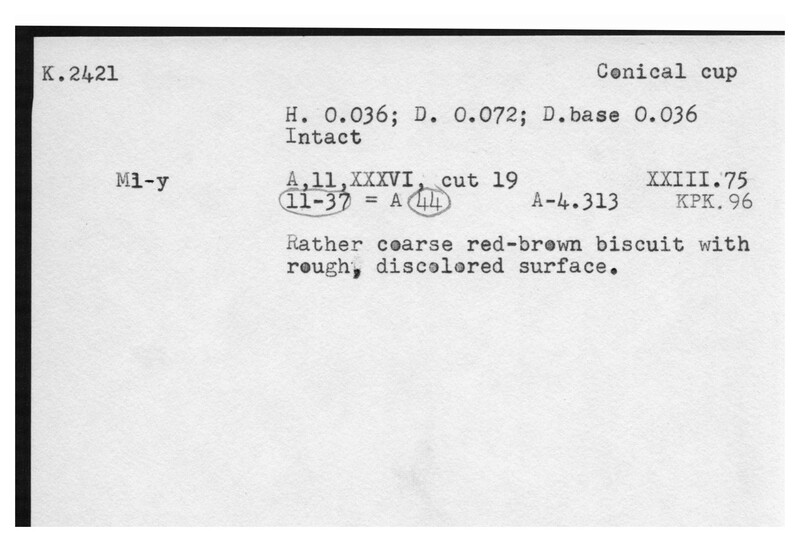 Index card with typed and handwritten information, sometimes including a sketch, of pottery from an excavation.
